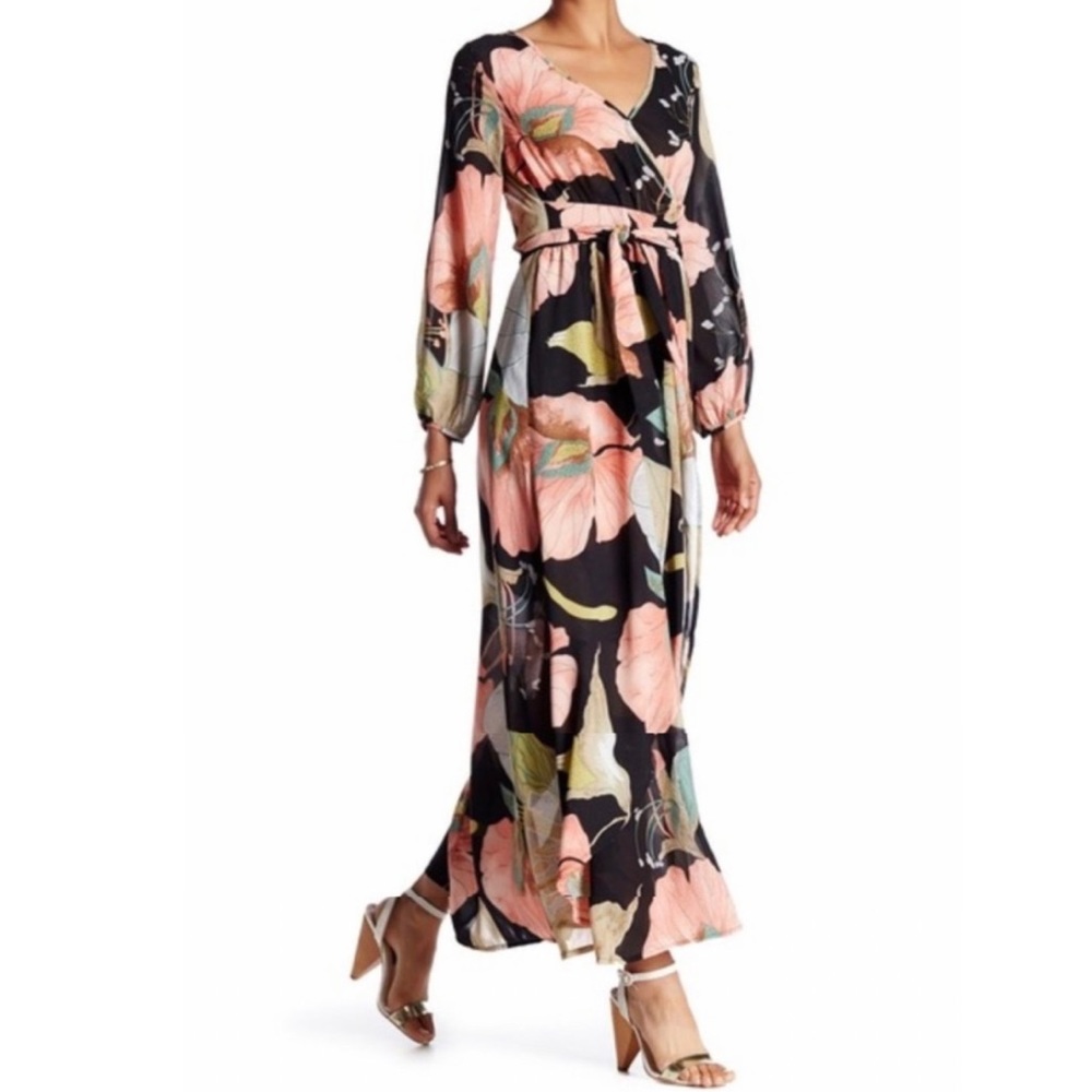 Meghan LA Floral Print Bishop Long Sleeve Faux Wrap Floor Length Maxi Dress